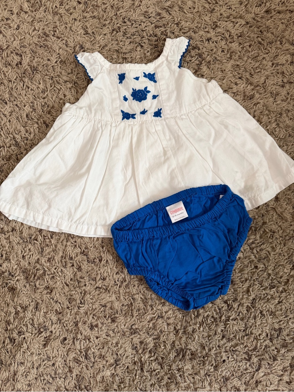 Gymboree White Dress with Blue Embroidery and Royal Blue Bloomer - Girls